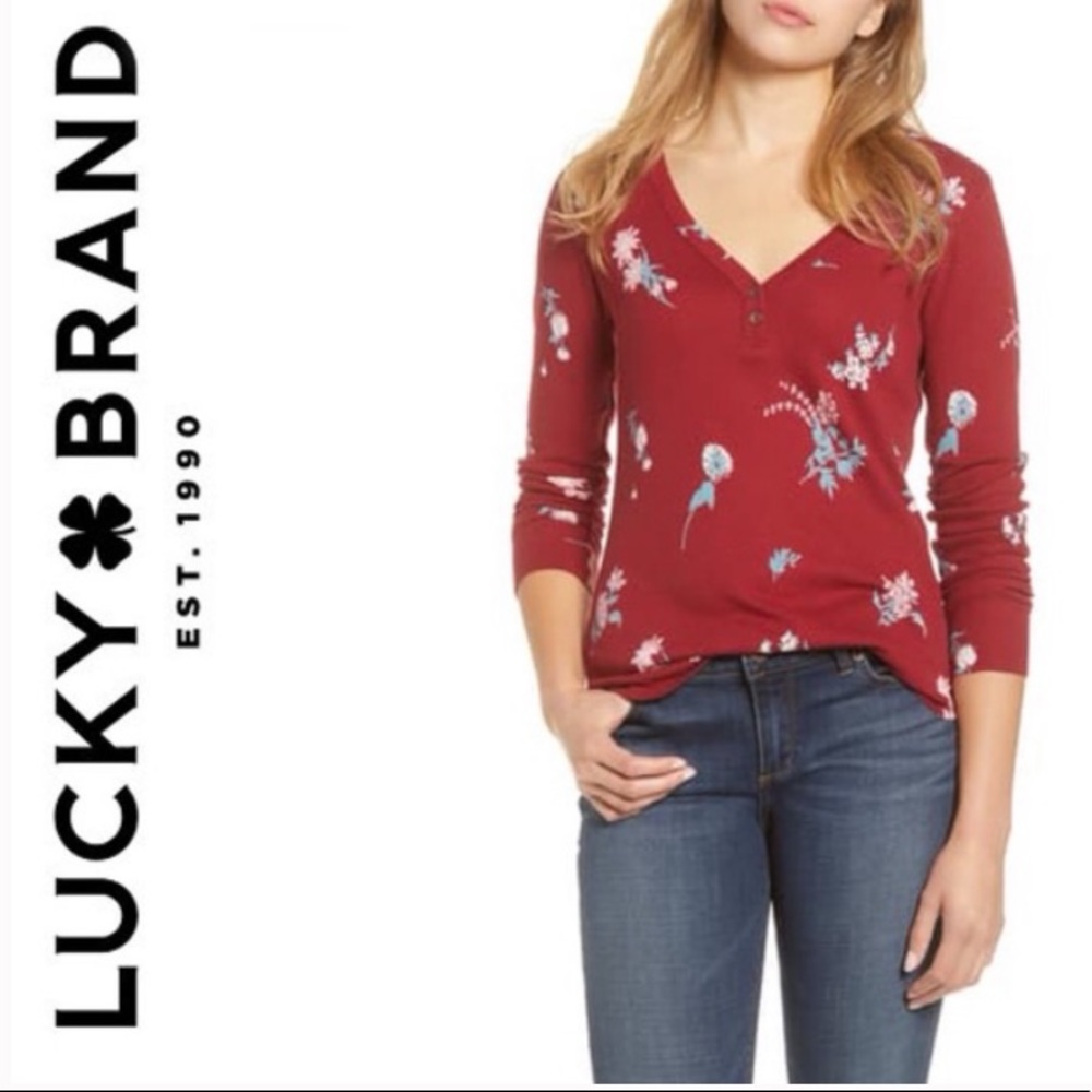 Lucky Brand Burgundy Red Floral V-Neck Waffle Knit Top NWT